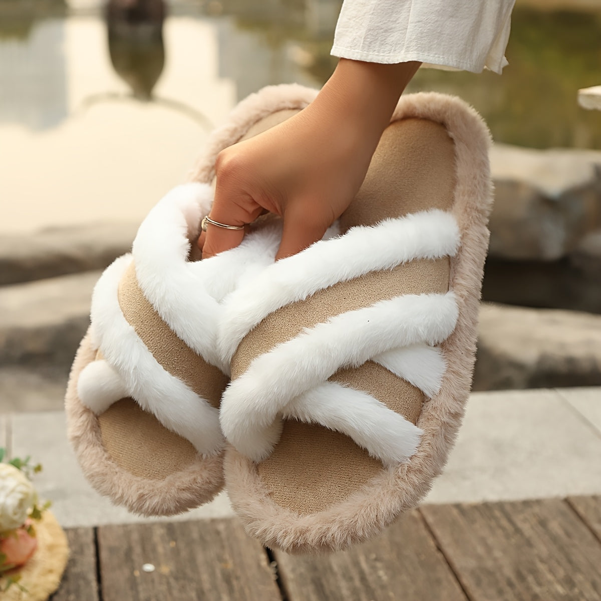 Women's Plush Slippers - Soft, Warm, Non-Slip Thick Sole Indoor/Outdoor Slides in Black & White, Brown & Gray, Beige & White Striped Patterns, Perfect for All Seasons, House Slippers
